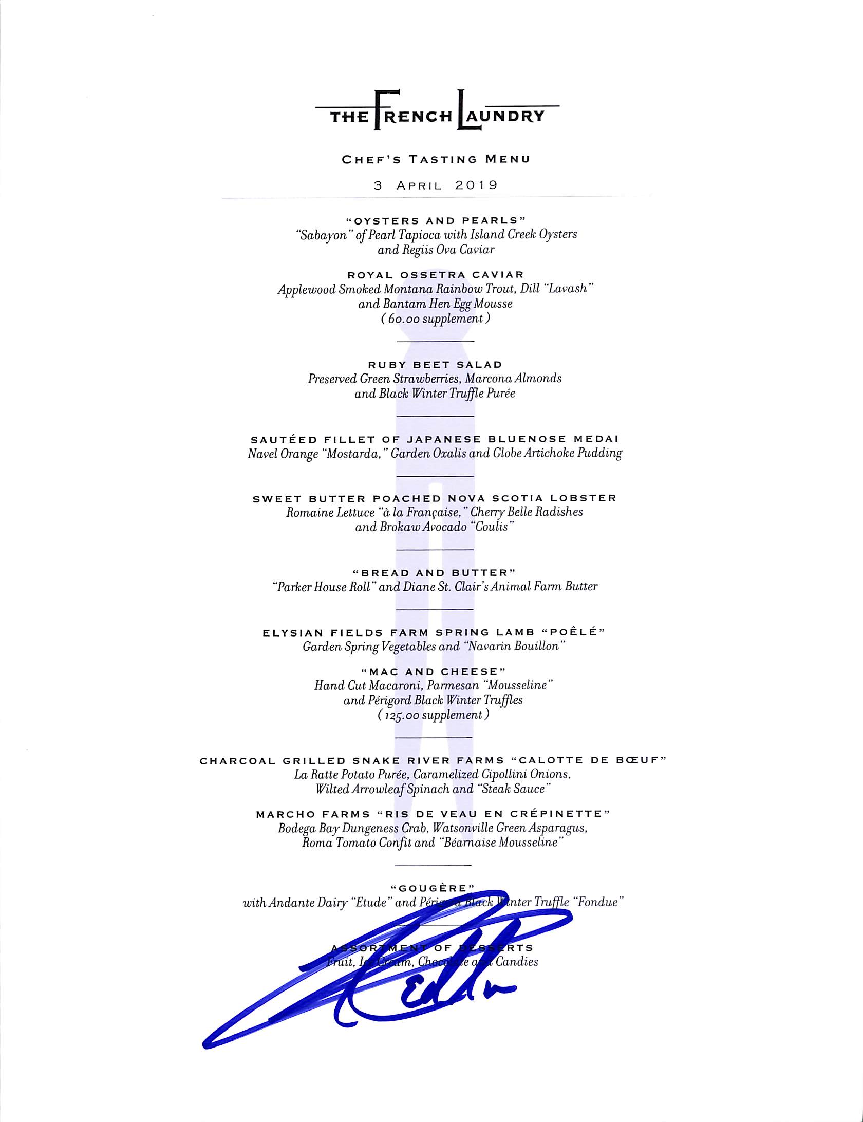 Thomas Keller The French Laundry Chef Signed Chef's Tasting Menu BAS 