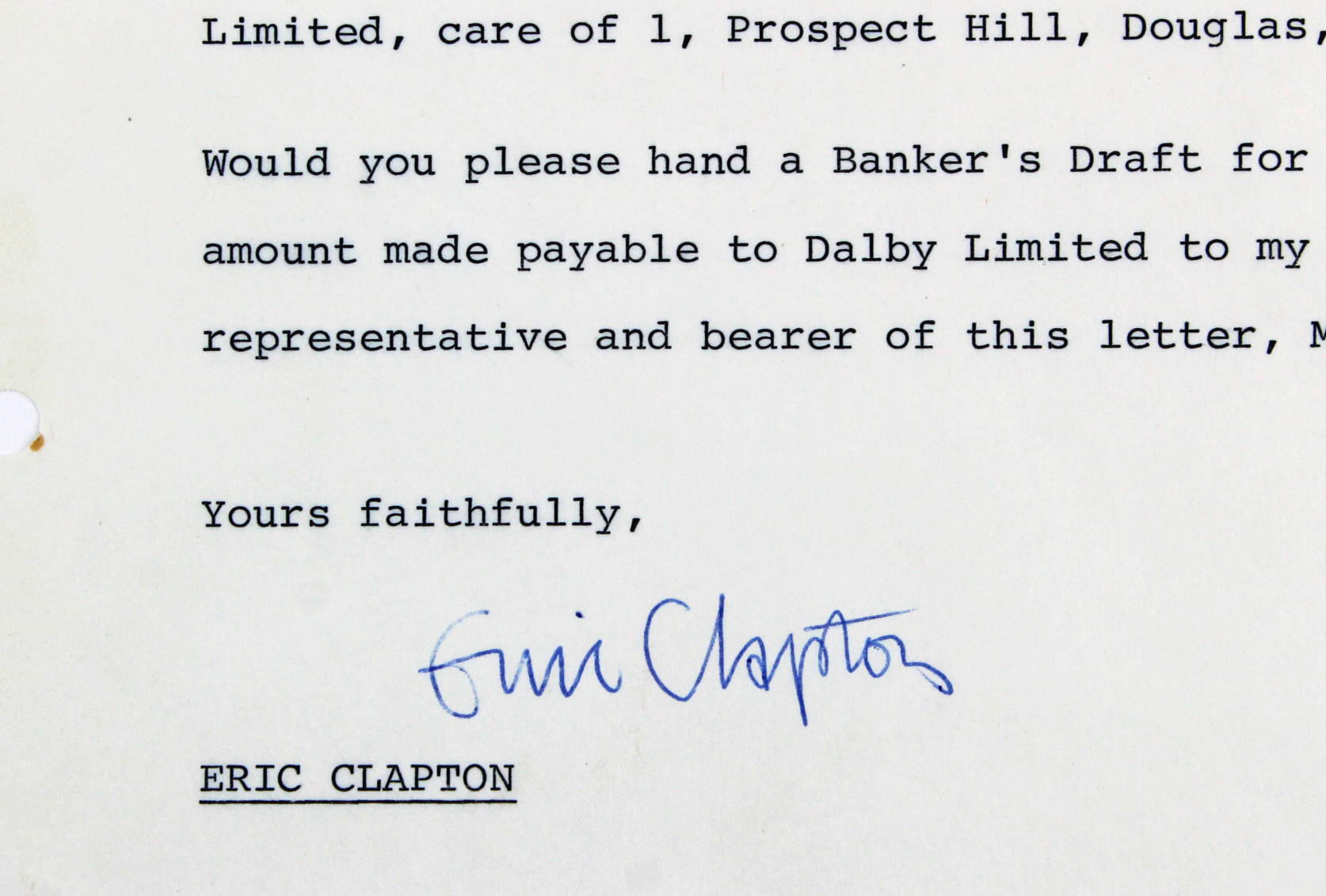 Eric Clapton Authentic Signed 8x9 Letter Dated October 27