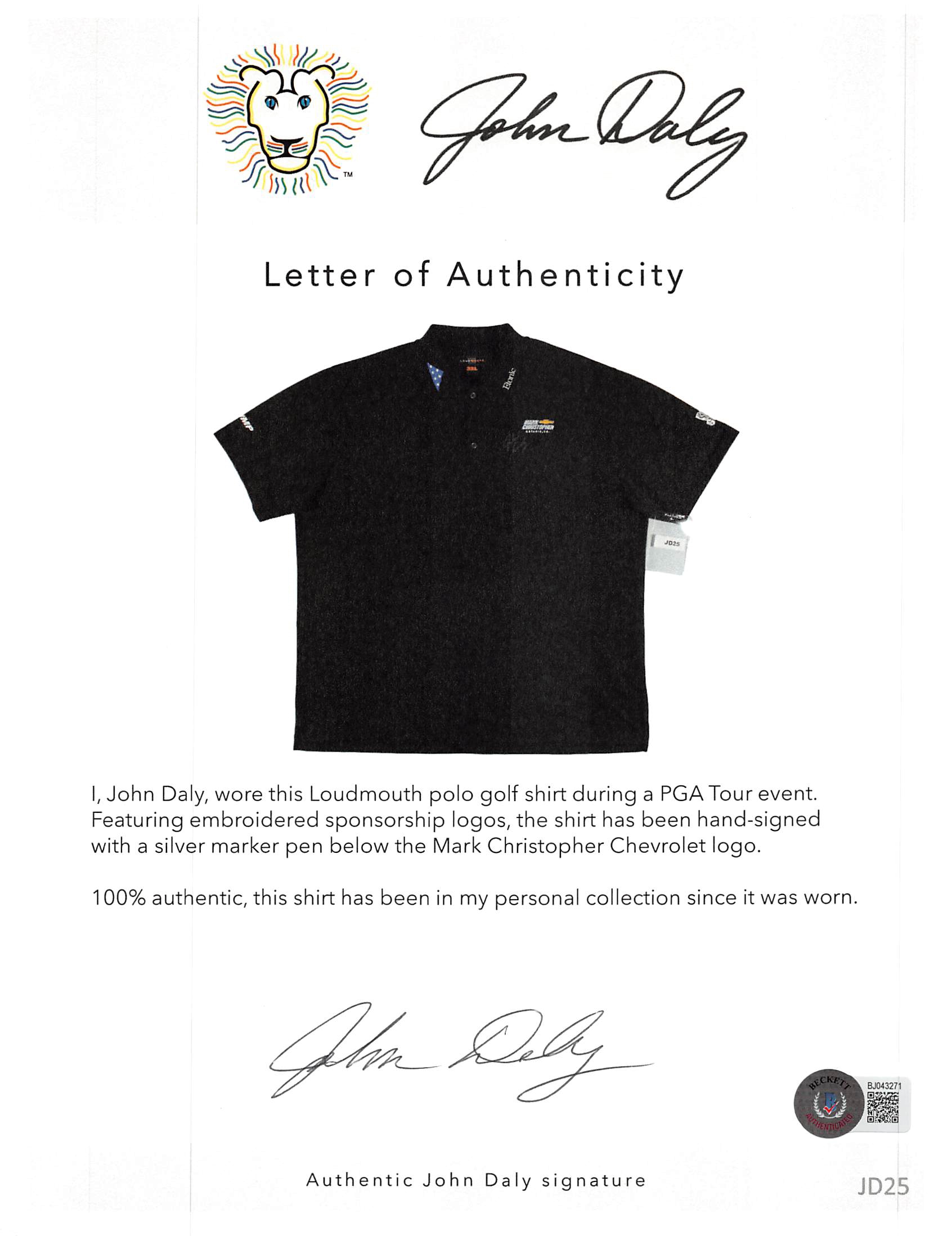 John Daly signiertes Streichholz getragen schwarz Folds of Honor Loudmouth Poloshirt BAS - Bild 5 von 5